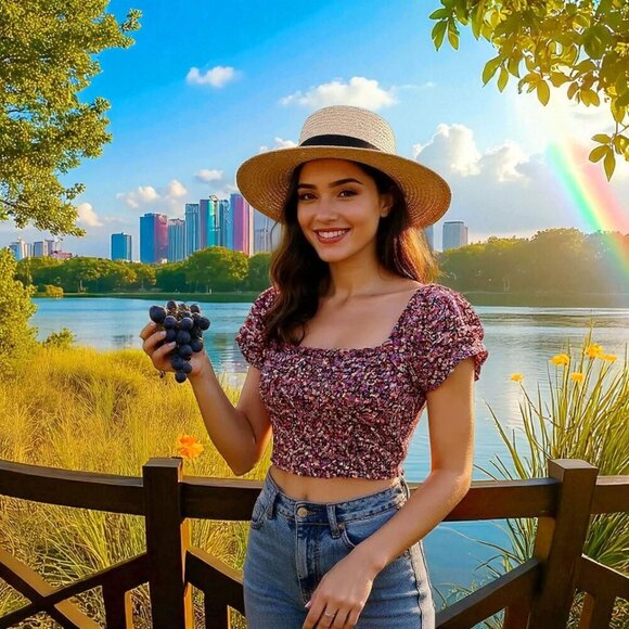 Kimchi Blue ✦ Puff Sleeve Floral Crop Top ✦ Smocked Cotton Cottagecore Blouse M - Picture 3 of 13